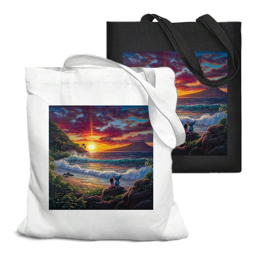 1pc 35*40cm(14*16 Inch) Lilo Stitch Sunset Shopping Bag, Multipurpose Polyester Fabrics Bag For Carrying Gym Shoes & Produce - 彩色 - 查看 1