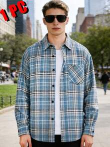 【早春/夏新品】水洗浅蓝色格子休闲衬衫 | 宽松落肩设计 + 实用口袋，男士户外叠穿衬衫 - 霧霾藍 - 查看 4