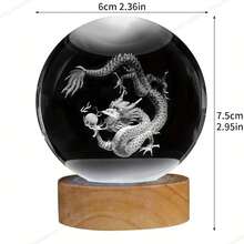 1 pieza Bola de cristal de dragón 3D con base de madera grabada con láser, luz nocturna adecuada como regalo para amigos, colegas, esposa, padres, Navidad, Día de San Valentín, conmemoración de vacaciones, decoración del hogar - Multicolor - Ver 2
