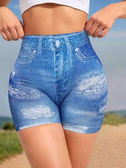 Women's High Waist Butt-Lifting Denim Print Biker Shorts, Tight Stretchy Sports Yoga Shorts With Faux Pocket Detail, Summer Outdoor Fitness Activewear