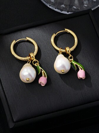1 Pair Elegant Fashion Faux Baroque Pearl Tulip Flower Detachable Earrings, High-End Gift For Women, Suitable For Banquet And Party