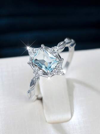 1 st. rektangulär ring i sterlingsilver, ljusblå med fasad kant, moderna, minimalistiska, geometriska, nätt och läckra stapelbara smycken för kvinnor, hypoallergen present till årsdagar, födelsedagar, jul, alla hjärtans dag, vardagskläder