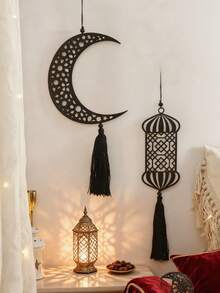 1pc Wooden Hollow Moon & Star Lantern - Hanging Decor, Wooden Ornament, Suitable For Room Decor, Home Decor, Kitchen Decor, Wedding Decor, Dining Table Centerpiece, Office Decor, Garden Decor, Outdoor Decor, Home Decoration, Wall Decor - Black - View 5
