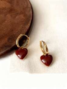 1 Pair Elegant Heart/Square Resin Drop Earrings, Minimalist Ear Studs - Burgundy - View 4