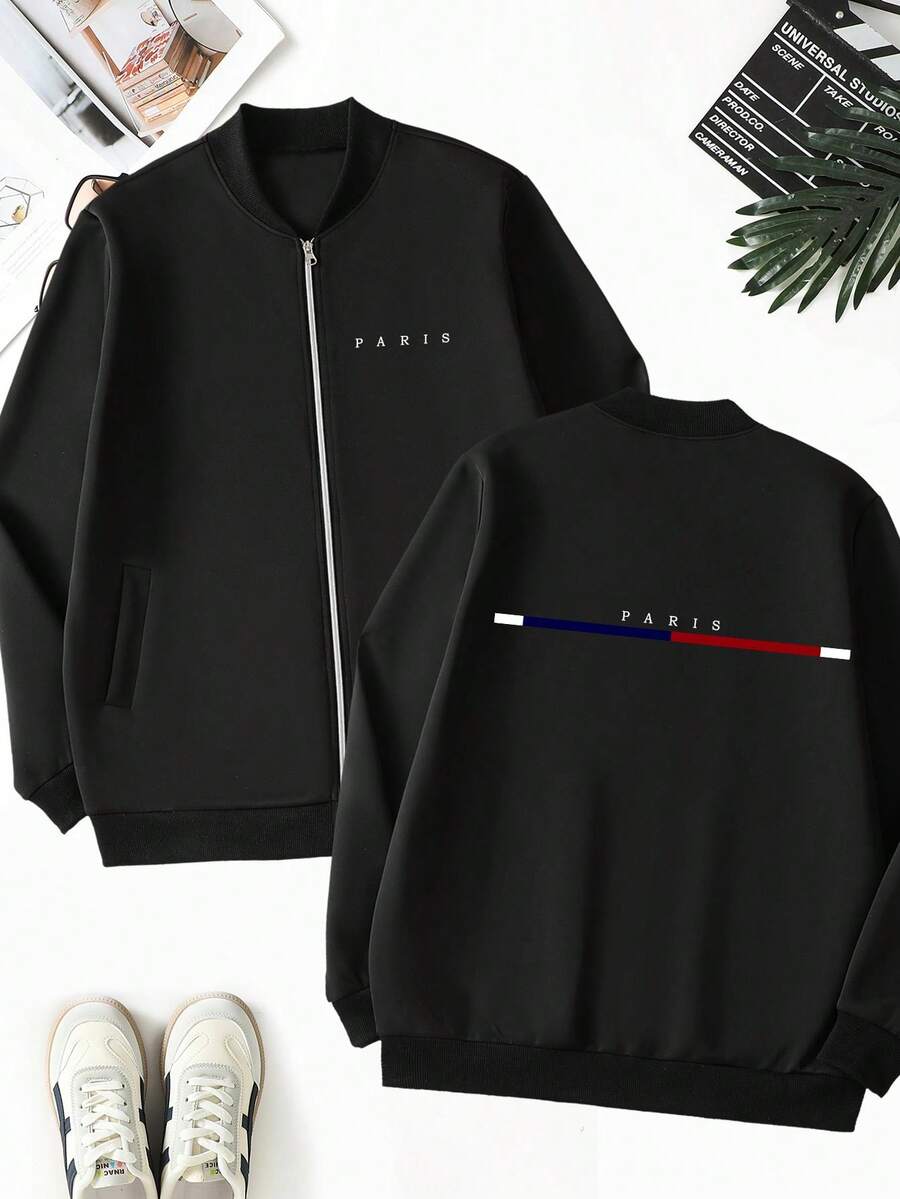 1pc Elegant Printed Pattern Business Casual Plus Size Men's Jacket/Coat, Big & Tall Menswear, Comfortable Fabric, Suitable For Golf, Tennis, Outdoor Travel, Leisure, Great Gift For Men - Black - View 1