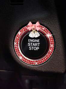 1pc Car One Click Start Decoration Sticker Interior Button Inlaid With Diamond Bow Crystal Bell Pendant Ignition Ring - 粉紅色的 - 查看 5