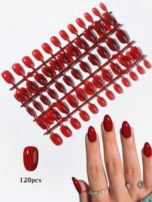 5pcs/Set (120pcs) Y2K Almond, Short Oval, Short Square Burgundy Nail Stickers, Short Acrylic Nail Stickers, Full Coverage False Nails, Includes 1pc Jelly Gel And 1pc Nail File, Suitable For Women And Girls For Daily Life And Parties - Red - View 13