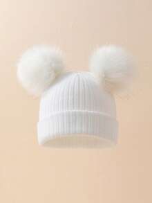 1pc Ribbed Kids Autumn/Winter Dual Pom Pom Cute Outdoor Warm Knit Hat - White - View 4