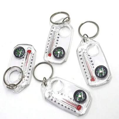 4pcs Portable Outdoor Thermometer With Compass And Magnifier - No Battery Required For Camping, Foldable Design With Carabiner - Dual Fahrenheit/Celsius Scale, Compass Magnifier Keychain, North Compass, Mini Compass, Suitable For Hiking, Survival, Trekking - Durable Acrylic Material, Travel Accessory, Adventure, Outdoor Gear, Survival Kit, Bag Charm, Emergency, Camping Gear, Thermometer, Men's Accessory, Men's Gift, Sports Gift