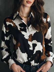 Blusa de mujer estilo bohemio occidental, camisa de manga larga con botones y estampado de vaca de moda con hombros rectos - Multicolor - Ver 9