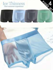 4 piezas/paquete Calzoncillos tipo bóxer de unicolor para hombres, shorts deportivos de seda de hielo elásticos, ropa interior casual diaria, pantalones cortos tipo bóxer de unicolor semi transparentes, adecuados para uso diario en verano, ropa interior para el hogar y la vida, regalos para hombres, Día de Boxing, Día de San Valentín, regalo de aniversario para novio - Multicolor - Ver 2