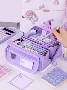 大容量多功能铅笔盒，带桌面收纳隔层，采用耐用涤纶材质，男女学生办公用品收纳盒，便携式学习桌面收纳盒，多隔层设计，可存放钢笔和马克笔，是开学的理想礼物，1 个水豚铅笔盒 - 彩色 - 查看 4