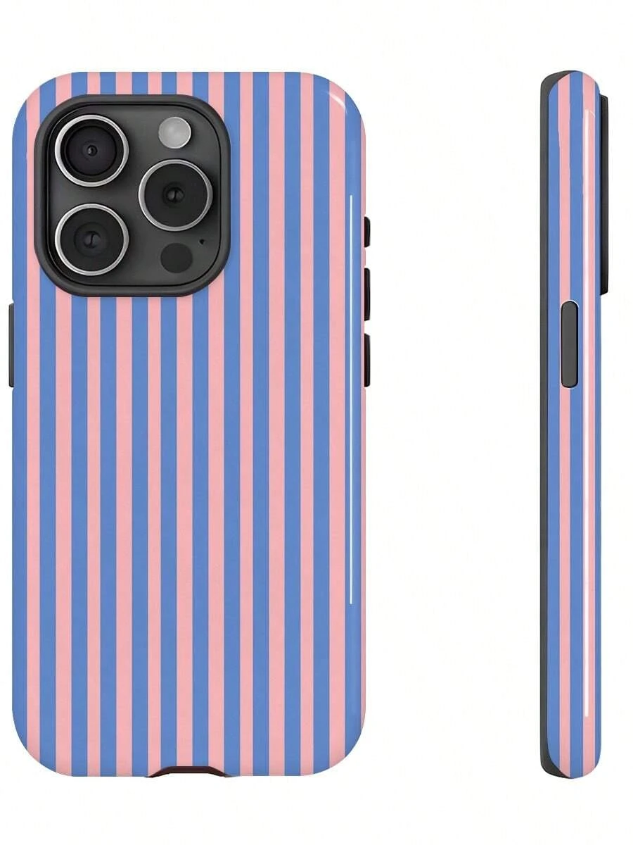 Simple Pink And Blue Stripes Bow Two-In-One Matte Texture Phone Case Suitable For Compatible With Iphone17,16, 15, 14, 13, 12, 11, PRO MAX,PLUS,As Well As , Galaxy S21/22/23/24/25 Ultra/FE+,NOTE20 Ultra,A71/56/55/54/53/52/36/34/26/25/23/16/15/14/13/06 - 彩色 - 查看 1
