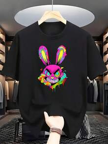 Camiseta gráfica de hombre que brilla en la oscuridad - Camiseta blanca con estampado de conejo neón rosa y verde, camisa casual de corte holgado para fiestas, Halloween - Negro - Ver 6