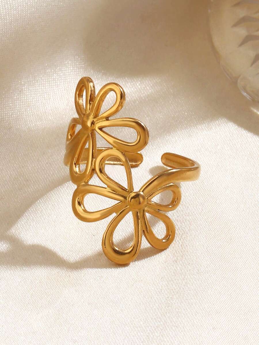 1pc 18K Gold Plated Stainless Steel Minimalist Floral Ring, Suitable For Women's Daily And Party Wear - Multicolor - View 1