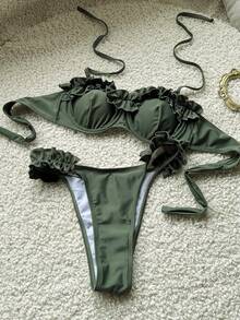 性感时尚橄榄绿荷叶边泳衣两件套，甜美褶皱抹胸上衣+低腰三角裤，带衬垫聚拢设计，必备复古皇家海滩度假装扮 - 墨綠色 - 查看 4