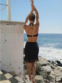 Women's Solid Color Ring Hollow Sexy Backless Camisole Bikini Top, Mesh Mini Skirt, Suitable For Beach Vacation - Black - View 3