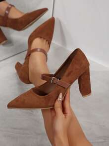 Women's New Arrival Black & Tan Textured Two-Tone Ankle Strap Pointed Toe Block Heel Pumps - Retro Color-Block High-End Footwear, Soft Cushion Insole & Non-Slip Sole, Ideal For Office/Brunch/Cocktail/Daily, 2026 Heels Perfect Gift For Fashionistas - Brown - View 3