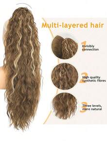 28 Inch Long Wavy Curly Ponytail Clip-In Hair Extensions, Multi-Layer Heat Resistant Synthetic Fiber, Wavy Curly Heat Resistant Fiber Wig, Unisex, Easy To Wear, Black Brown Long Extensions, Suitable For Party And Daily Styling, Suitable For All Skin Tones, Basic Style, High Temperature Fiber, Natural Appearance
