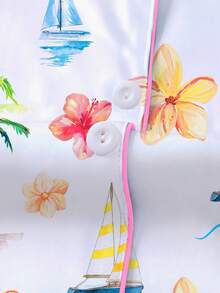 Marira 2pcs Women's Sleepwear Set, Hawaiian Flower & Sailboat Print, Fashionable Outfit For Parties, Short Sleeve Shirt Collar Button-Up Top And Elastic Shorts, Casual Loungewear For Outdoor & Indoor, All Season - 白色 - 查看 4