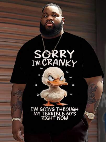 Plus Size Men's Casual Round Neck T-Shirt, Polyester Knit Fabric Comfortable & Breathable, Fashionable Funny "Crazy Angry Duck" Cartoon Print, Casual Street Style Design, Novelty Personalized Top
