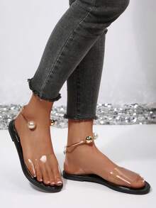 Summer New Round Toe Transparent Minimalist Lightweight Slip-On Pearl Metal Buckle Women Outdoor Beach Sandals - Black - View 5