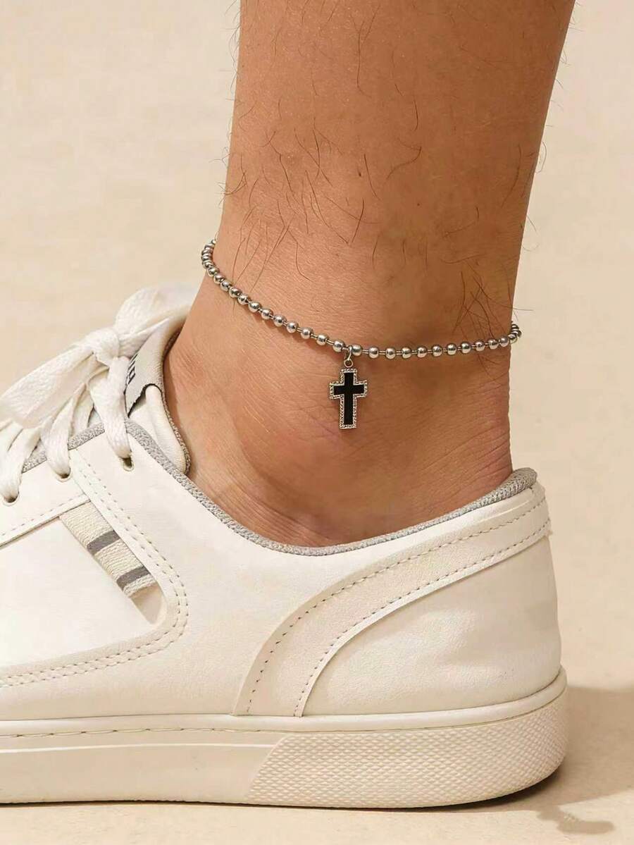 1pc Simple Design Stainless Steel Beaded Chain Foot Bracelet With Cross/Heart Pendant For Unisex