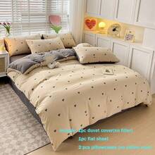 Juego de ropa de cama de 4 piezas, funda nórdica con estampado de corazones en gris claro con cierre de cremallera, sábana plana de unicolor, adecuado para todas las estaciones, juego de ropa de cama de estilo nórdico minimalista, suave y transpirable, lavable a máquina, adecuado como regalo para amigos y familiares, Día de San Valentín, Ramadán, incluye 1 funda nórdica (sin relleno), 1 sábana plana, 2 fundas de almohada (sin relleno)