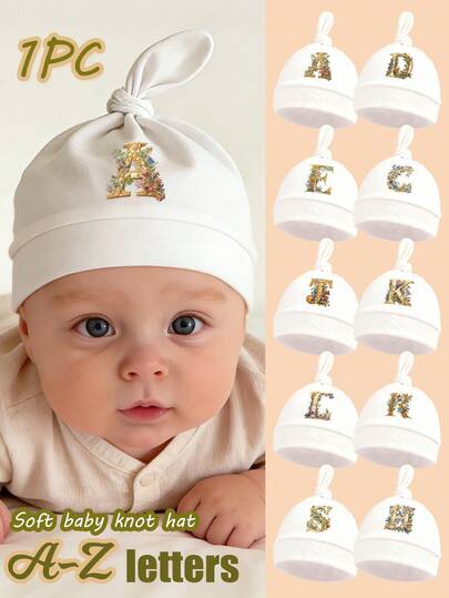1pc Infant Floral 26 Letter Beanie, Soft & Warm, Suitable For Newborn Baby Boys And Girls For Everyday Use In All Seasons