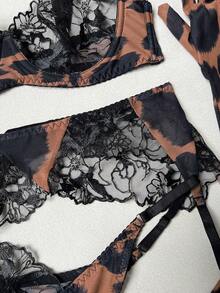 豹纹刺绣女士性感内衣吊袜带五件套，含手套和丝袜，情趣睡衣 - 棕色 - 查看 9