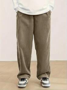 1pc Men's Corduroy Drawstring Waist Wide Leg Casual Sports Pants, Suitable For Outdoor Activities - Khaki - View 2