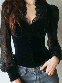 Women's Elegant Lace Patchwork V-Neck Blouse, Fashionable Long Sleeve Ruffle Shirt, Stylish And Versatile Top - Black - View 4