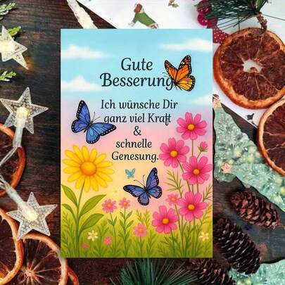 1pc Vibrant German Get Well Greeting Card With Envelope - "Gute Besserung: Viel Kraft Wishes" Design, Lively Floral Scene With Butterflies & Heartfelt Message, Perfect For Celebrating Recovery Progress, Ideal For Family & Close Loved Ones, Greeting Card|German Recovery Card|Paper Greeting Card, Well Wishes Accessories