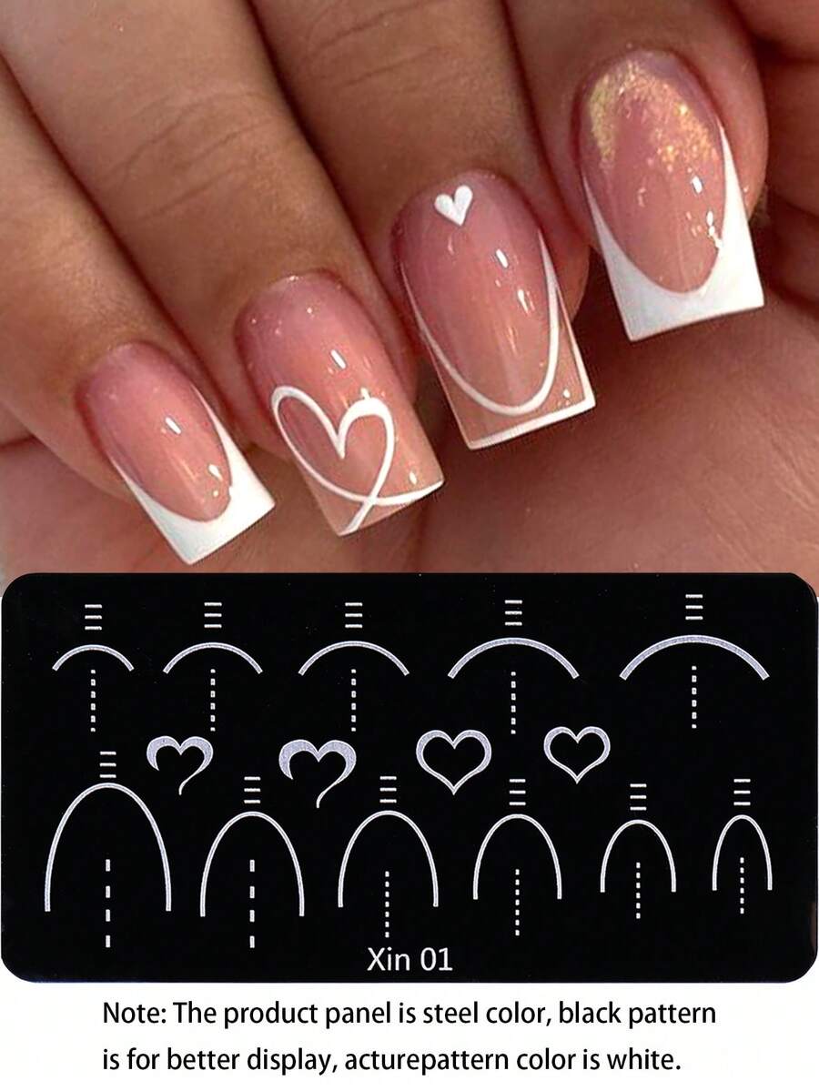 1pc Heart French Line Nail Art Stamping Plate, Hollow Heart Valentine's Day Y2K Style Sliver Printing Template Nail Art Accessory Tool Nail Salon DIY Nail Supply