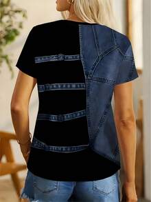 Women's Fashion Two-Piece Denim Top - Western Style Round Neck Shirt, Elegant Streetwear, Suitable For Casual And Formal Outfits - All-Season Women's Fashion Clothing, Versatile Clothing, Fashionable Design, High-Quality Stitching, Fashionable Clothing, Women - 混合色 - 查看 3