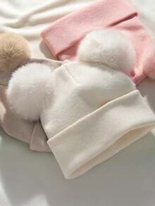 1/2/3pcs Kids Winter Hat Toddler Knitted Beanie With Faux Fur Pom Poms For Baby Girls Boys - Double Wool Ball Hat - View 5