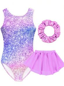 MENKEY Girls Glitter Gymnastics Leotard,Ballet Dance Dress With Removable Skirt & Hair Scrunchie 4-11 Years - 藍紫色 - 查看 11