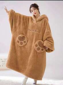 女士棕熊毛绒睡袍，舒适冬季连帽睡衣，熊脸图案，可爱卡通浴袍，柔软毛绒材质，长袖带口袋，休闲家居服，室内装饰，熊图案服装，可作毯子使用，舒适家居服，趣味设计，毛绒材质，成人款睡袍，家居服套装，适合新年，冬季礼物 - 彩色 - 查看 10