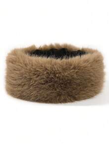 1pc Women's Faux Fur Headband, Solid Black Fluffy Earmuffs Headwrap, Hollow Top Winter Hat - 1Pc - View 6