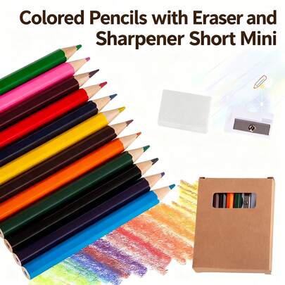 12-Color Short-Stem Mini Colored Pencil Set In A Kraft Paper Box With A Variety Of Colors, Wooden Colored Pens For Children's Drawing (With An Eraser And A Pencil Sharpener)