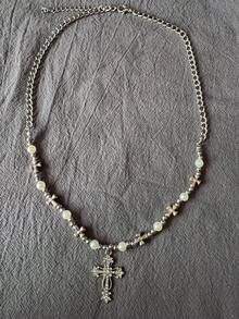 Dây chuyền ngắn với mặt thánh giá cổ điển và hạt charm, phong cách đường phố đơn giản, dành cho cả nam và nữ - Bạc - Xem 9