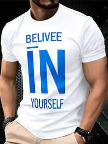 Camiseta de hombre informal con estampado de texto y bloques de color, cuello redondo, camiseta gráfica de verano para hombre - Blanco - Ver 3