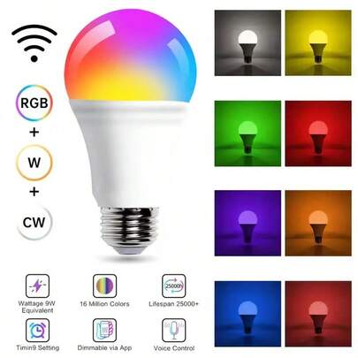 智能 LED 灯泡，RGB 照明，变色且可调光，APP 控制定时器开/关，适用于家居装饰、情调照明、卧室和家庭使用