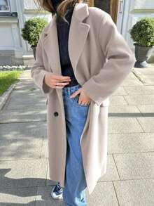Women's Long Sleeve Solid Color Pocket Windbreaker Double-Breasted Woolen Coat, Country Style For Women, Winter Clothes For Women - Beige - View 6