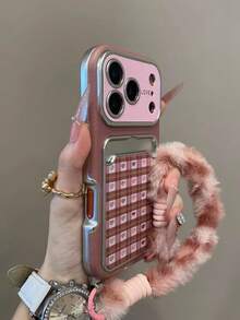 可爱格子爱心卡包仿皮手机壳，兼容 17 Pro Max/17 Pro/17/16/15/14 Pro Max，带毛绒腕带，哑光保护套 - 粉色 - 查看 2