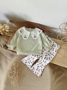 2pcs/Set Toddler Girls' Cherry Embroidery Peter Pan Collar Green Sweatshirt And Pants Set, Spring/Autumn - Mint Green - View 5
