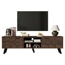 Modern TV Stand With Two Doors And Two Open Compartments, Dark Wood Grain - 160.5 X 35.5 X 45 Cm - Mocha Brown - View 1