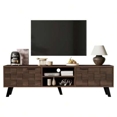 Modern TV Stand With Two Doors And Two Open Compartments, Dark Wood Grain - 160.5 X 35.5 X 45 Cm