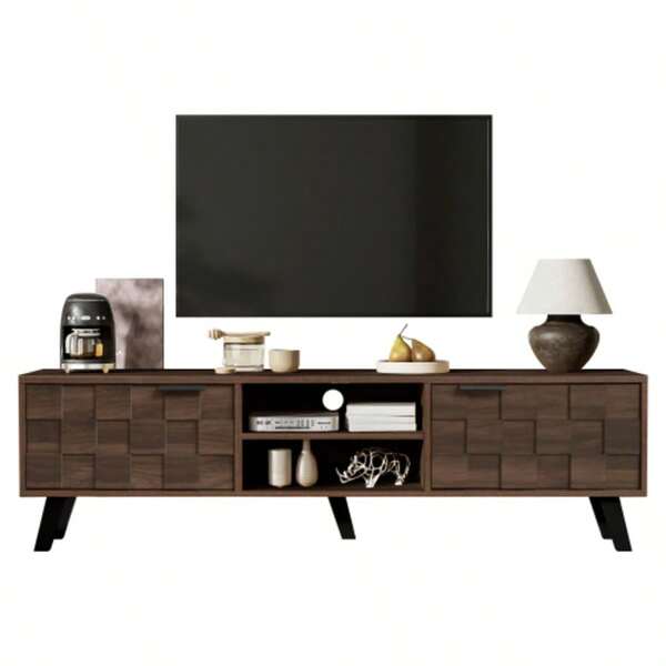 Modern TV Stand With Two Doors And Two Open Compartments, Dark Wood Grain - 160.5 X 35.5 X 45 Cm