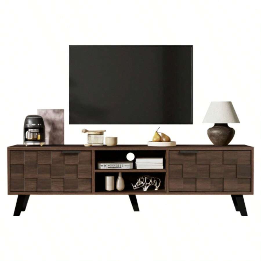 Modern TV Stand With Two Doors And Two Open Compartments, Dark Wood Grain - 160.5 X 35.5 X 45 Cm - Mocha Brown - View 1